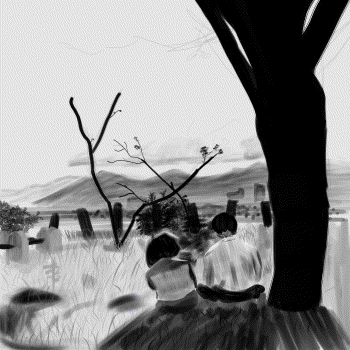 Painting of 2 people sitting next to each other on a hill facing Hiroshima.