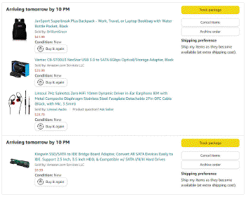 An Amazon order consisting of a JanSport Superbreak Plus black backpack for 42 dollars, a USB 3.0 to SATA optical drive adapter for 26 dollars, a pair of Linsoul 7Hz Salnotes IEMs for 21 dollars, and a SATA to IDE adapter for 10 dollars, all of which are arriving tomorrow.