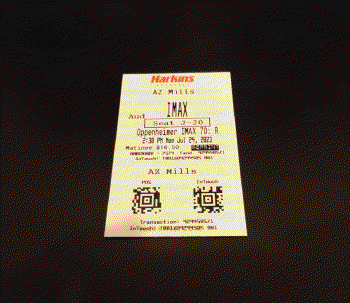 A printed ticket of Oppenheimer on IMAX 70mm.